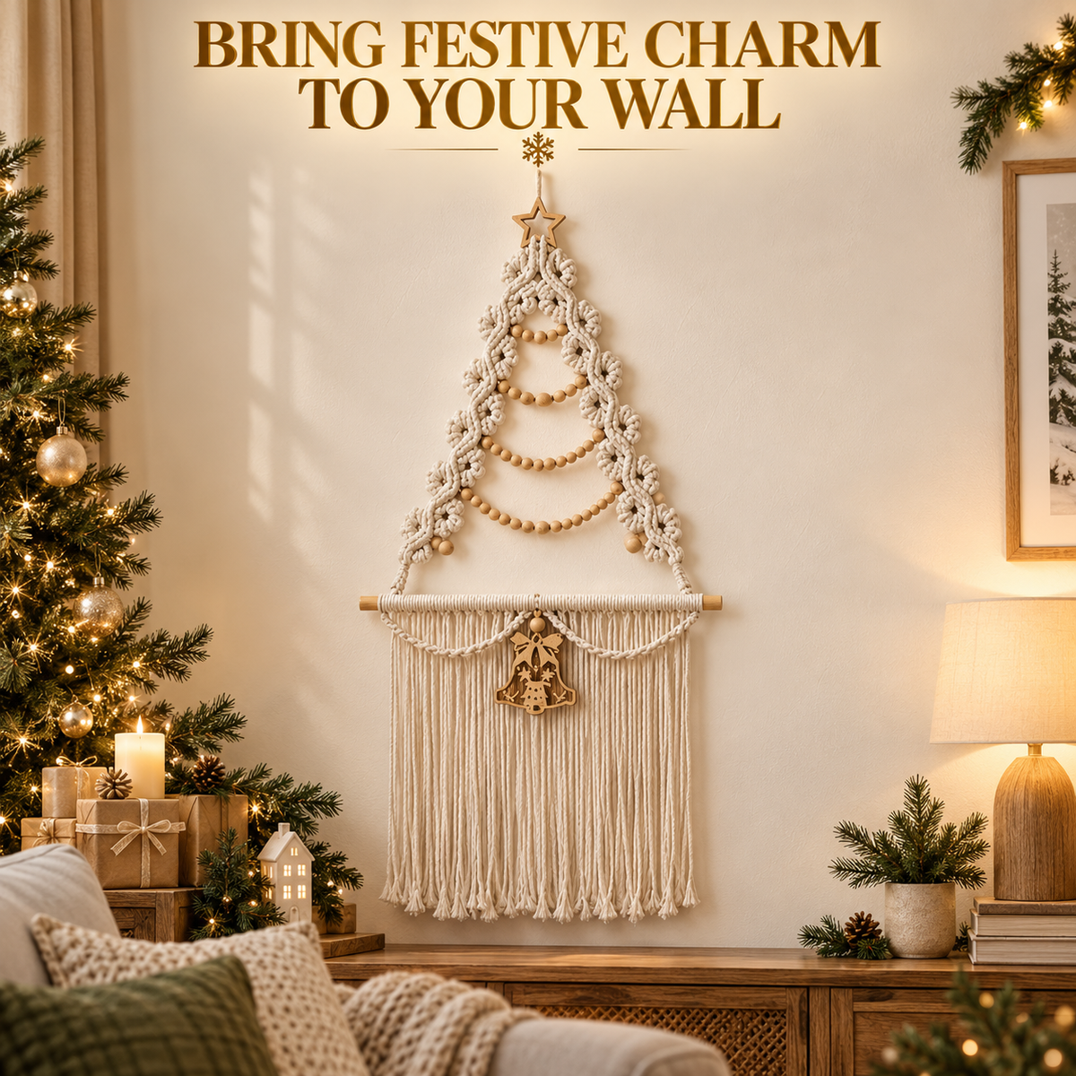 Christmas Tree Macrame Wall Hanging Woven Tapestry Holiday Decor Wood Beads Bell Bedroom Accent