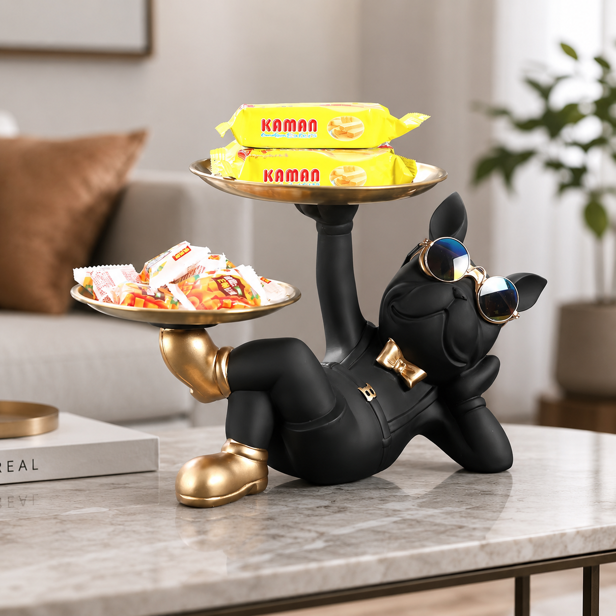 Dog Valet Tray Organizer | Black Puppy Decor Tray | Key Holder Statue | Watch Display Stand | Gift For Pet Lover Desk Decor