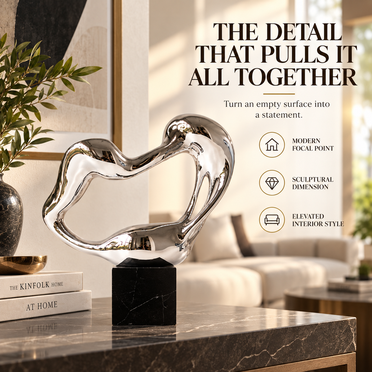 Silver Abstract Sculpture | Melting Heart Statue | Modern Desk Decor | Fluid Art Ornament | Shelf & Living Room Accent