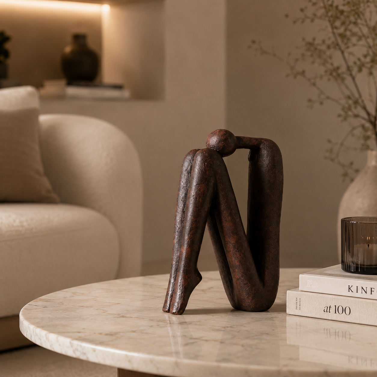 Resin Abstract Seated Figure Sculptures | Modern Minimalist Table Decor for Shelf Console Living Room Accent