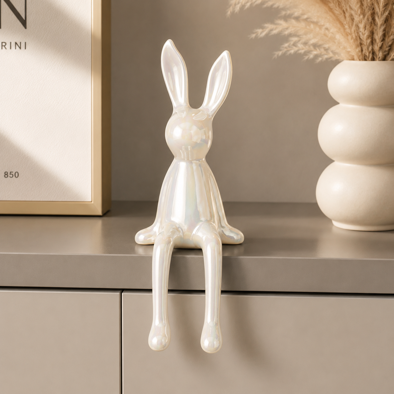 Ceramic Rabbit Figurine Decor | Long Ear Sitting Bunny Statue | Modern Shelf Accent for Home Room Styling
