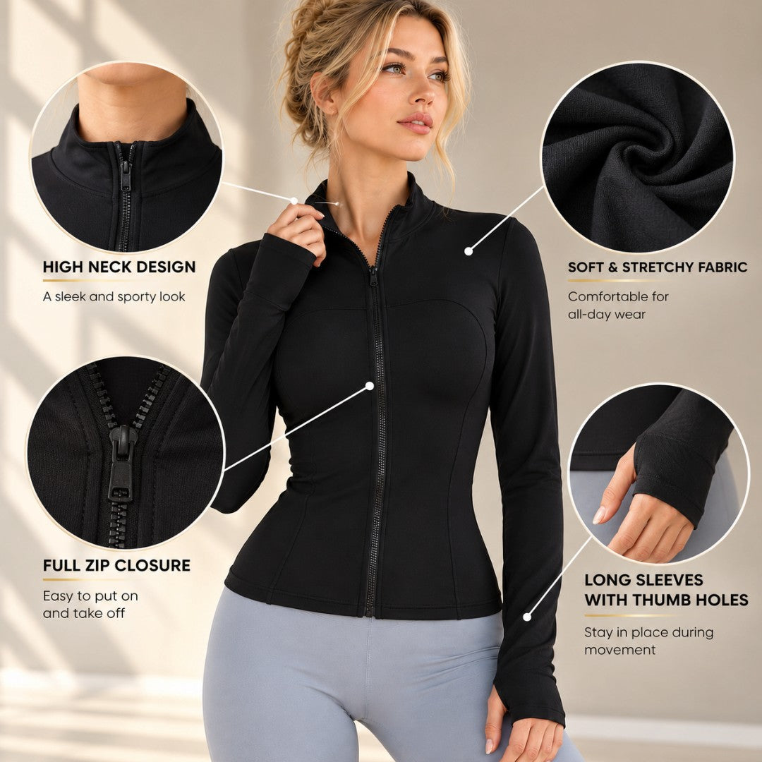 Women's Black Zip Up Yoga Jacket | Slim Fit Long Sleeve Workout Top | Fitted Pilates Jacket | Minimalist Athleisure Wear