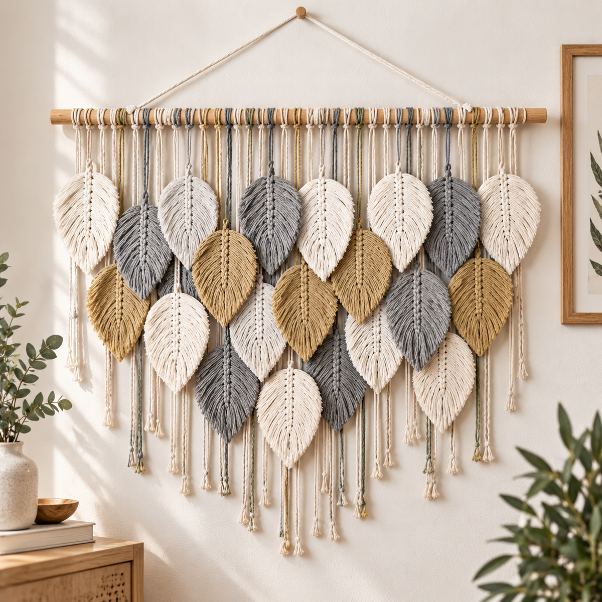 Boho Leaf Macrame Wall Hanging | Woven Feather Tapestry Decor | Textured Bedroom Living Room Wall Art | Natural Home Accent