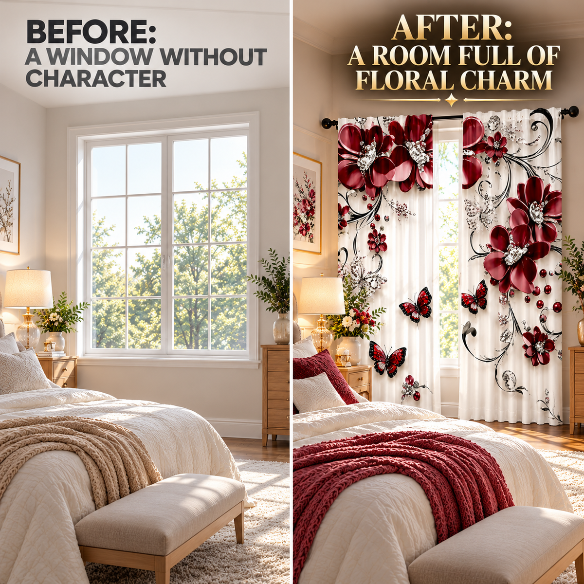 Floral Print Curtains | Rose Butterfly Window Drapes | Romantic Bedroom Living Room Decor | Sheer Rod Pocket Panels