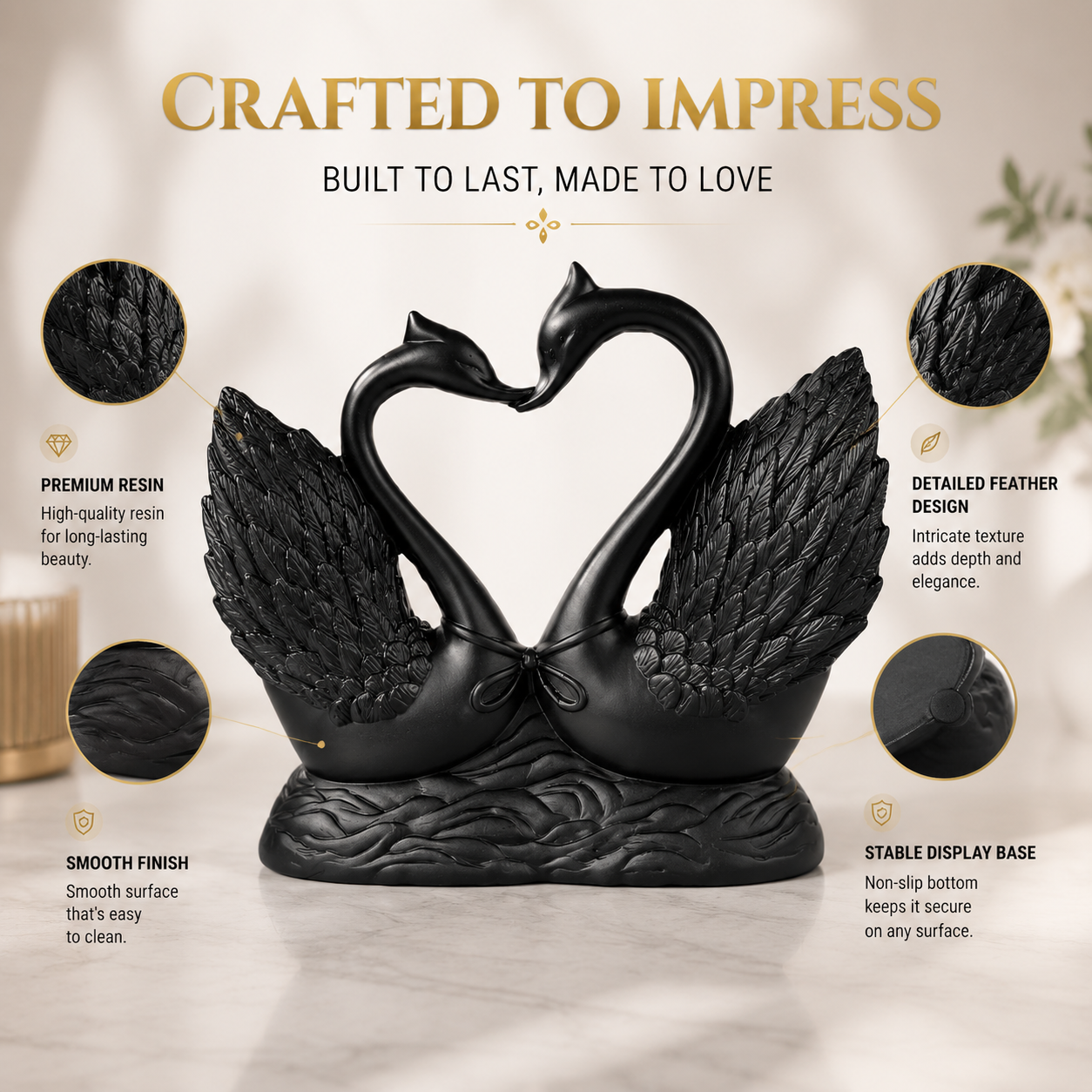 Swan Statue Decor | Resin Swan Sculpture | Love Bird Home Ornament | Elegant Tabletop Decoration | Modern Romantic Interior Accent