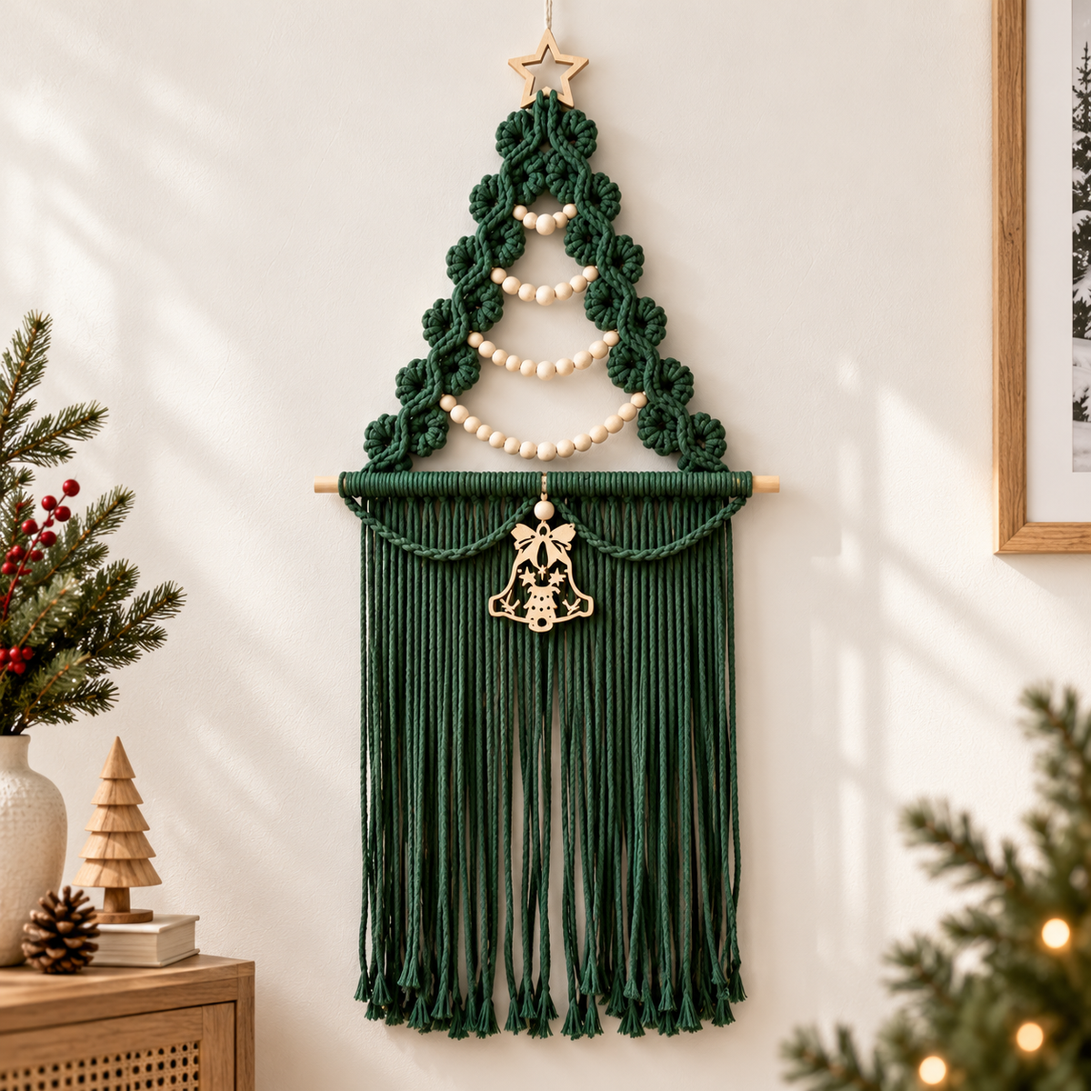 Christmas Tree Macrame Wall Hanging Woven Tapestry Holiday Decor Wood Beads Bell Bedroom Accent