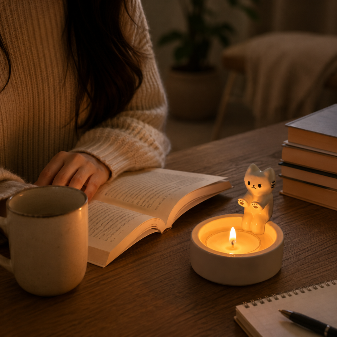 Cute Cat Candle Holder, Ceramic Kitten Decor, Tealight Holder Gift