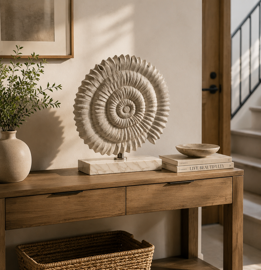 Spiral Shell Figurine Decor | Sea Shell Statue Ornament | Coastal Home Accent | Resin Shell Sculpture for Shelf Table Display