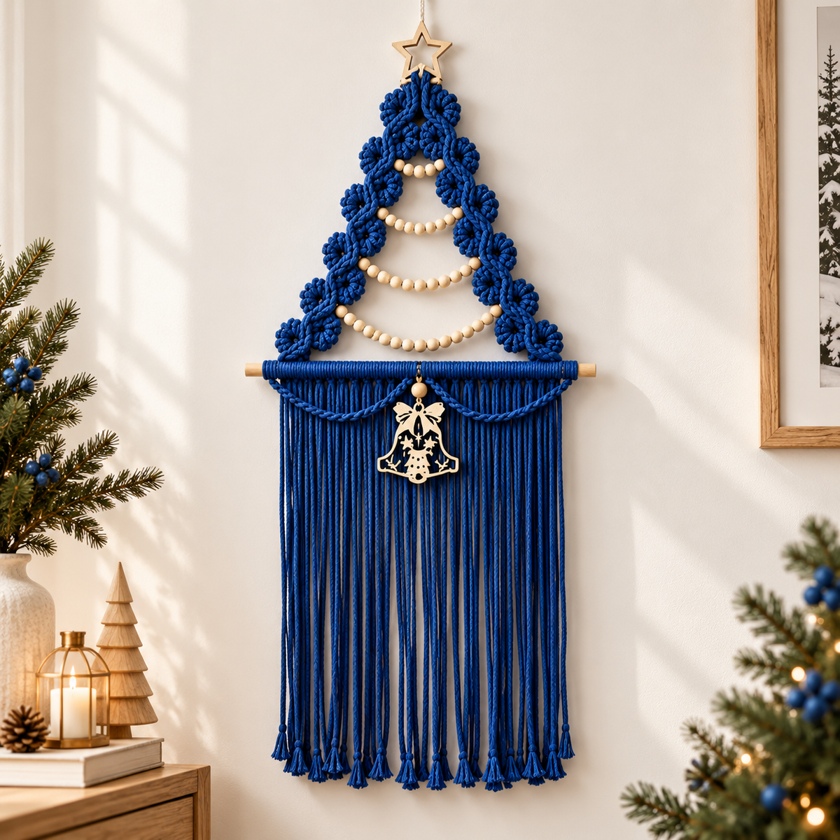 Christmas Tree Macrame Wall Hanging Woven Tapestry Holiday Decor Wood Beads Bell Bedroom Accent