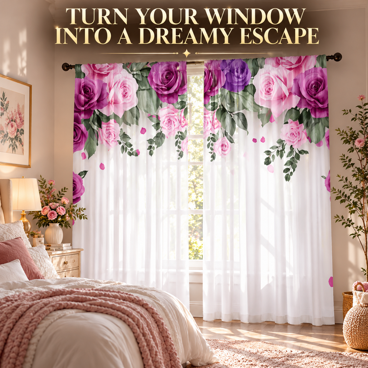 Rose Floral Curtains | Dream Fallen Rose Pattern Window Drapes | Romantic Bedroom Living Room Decor | Rod Pocket Panels