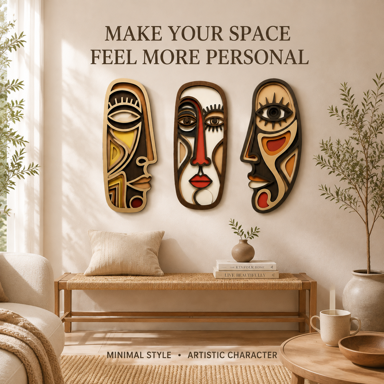 Abstract Face Wall Art Set | Minimalist Wooden Wall Decor | Bohemian Home Accent | Modern Room Decoration | Artistic Hanging Decor