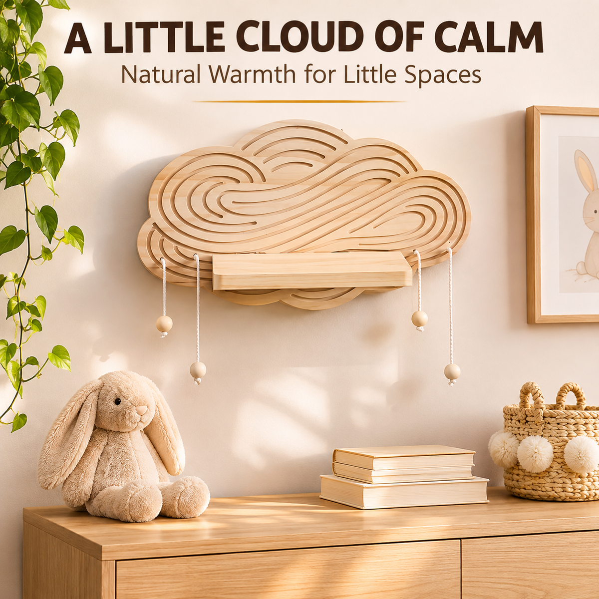 Wooden Cloud Wall Shelf with Hanging Bead Tassels, Boho Nursery Decor, Rustic Floating Shelf for Baby Room and Bedroom
