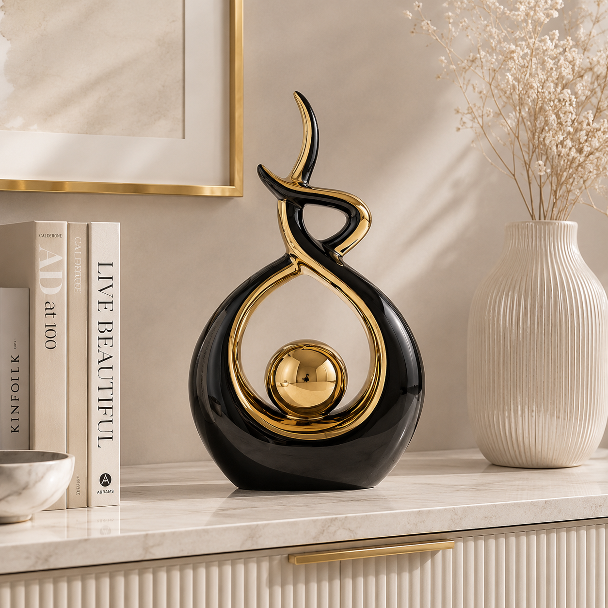 Modern Abstract Table Sculpture | Black Gold Decor Figurine | Luxury Shelf Accent for Living Room Desk Cabinet
