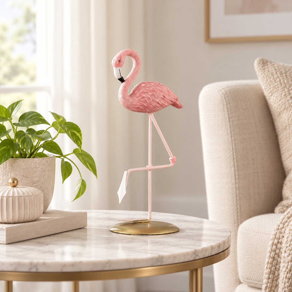 Pink Flamingo Resin Figurine Desk Ornament | Flamingo Table Decor | Living Room Desktop Accent | Cute Home Decoration