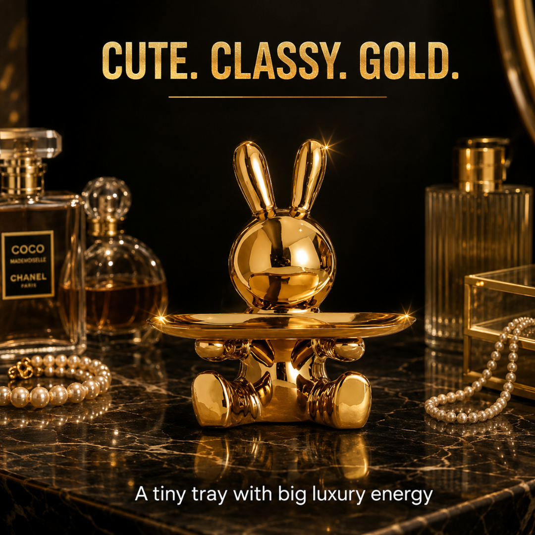Decorative Rabbit Figurine Statue on Ornate Tray — Luxury Bunny Sculpture for Home Décor