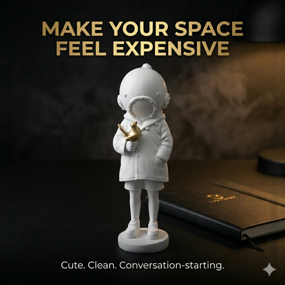 Astronaut Child Figurine with Golden Octopus Sculpture – Modern Space Art Decor