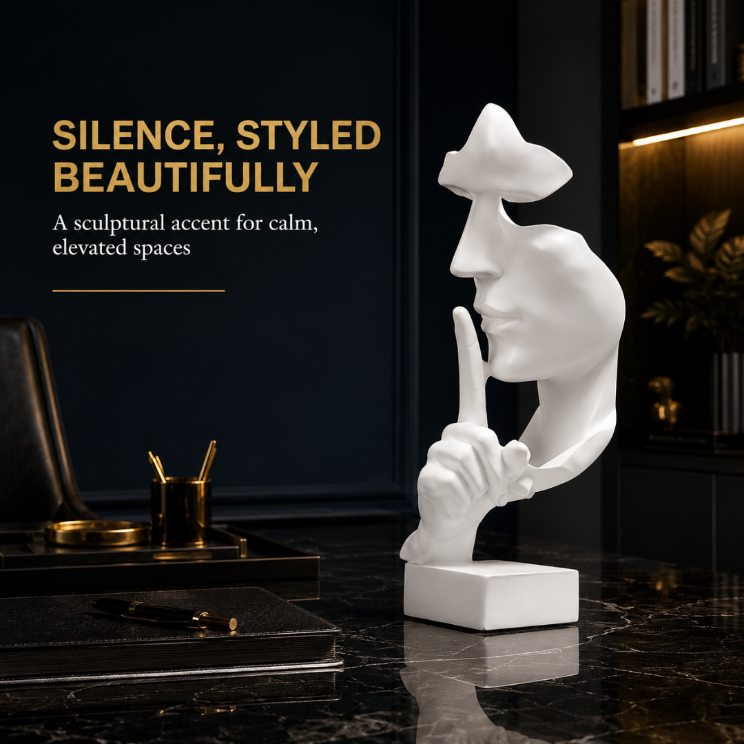 Thinker Statue – Luxury Office Decor, Abstract Face Sculpture, Modern Resin Figurine, Silence Is Gold Art, Studio Desk Ornament, White Home Decoration