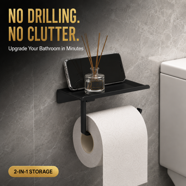 No Drill Toilet Paper Holder, Wall Mounted Shelf Organizer, Space Saving Holder