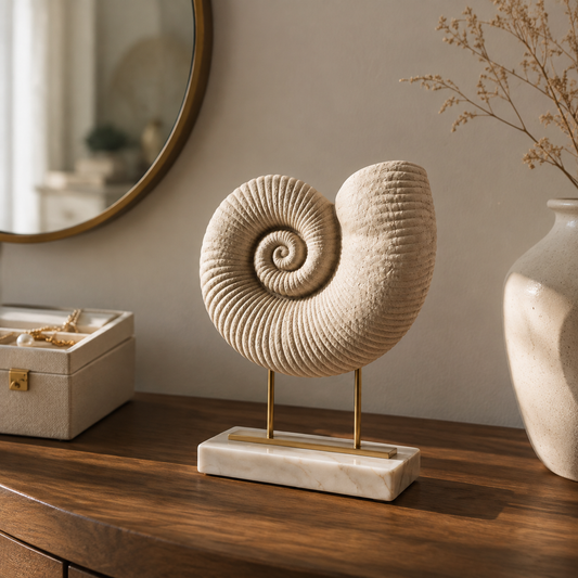 Decorative Sea Shell Figurine | Spiral Whelk Shell Statue | Coastal Home Decor Accent | Ocean Inspired Table Display Ornament