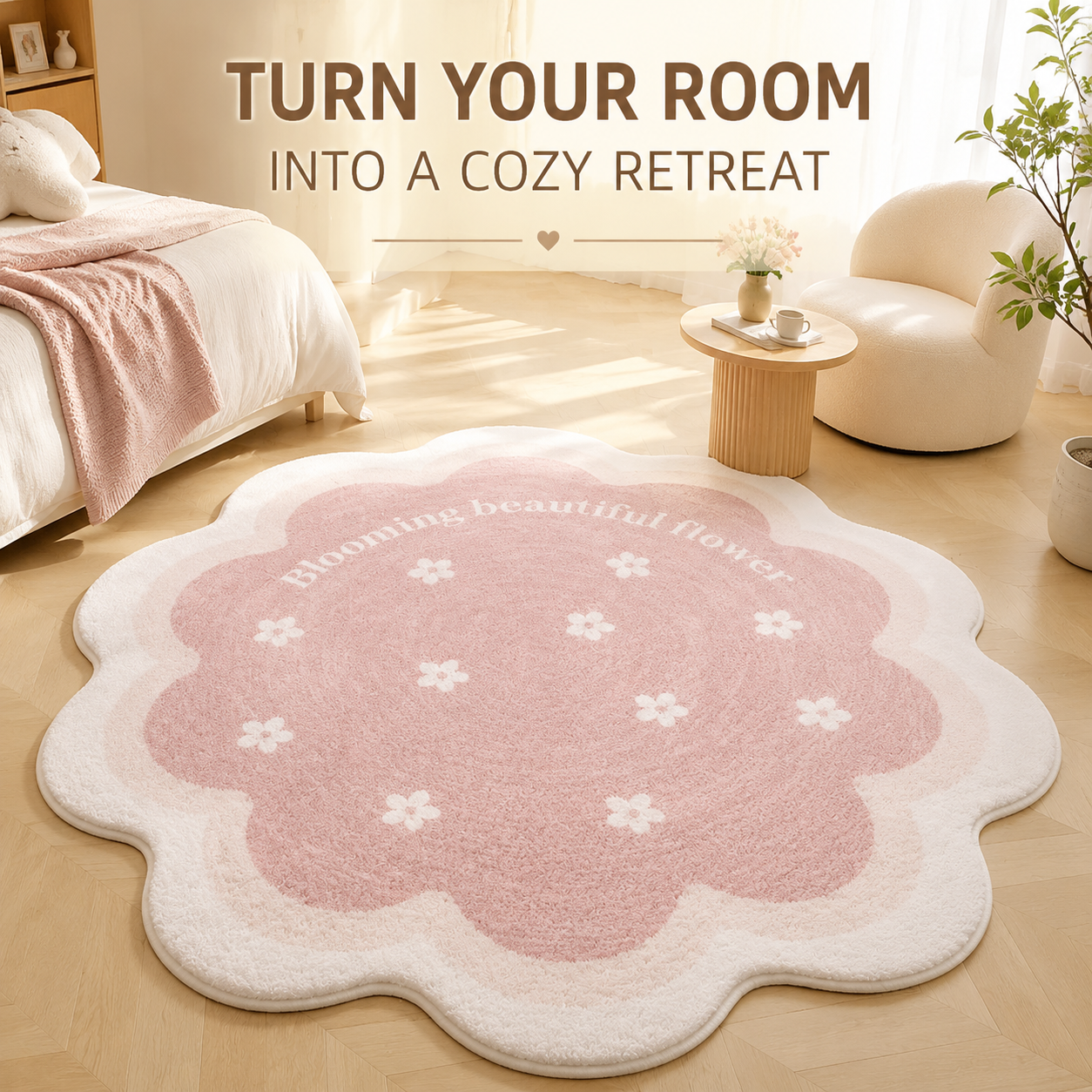 Flower Shaped Area Rug | Soft Plush Bedroom Carpet | Cute Floral Floor Mat | Cozy Living Room Decor | Irregular Home Accent