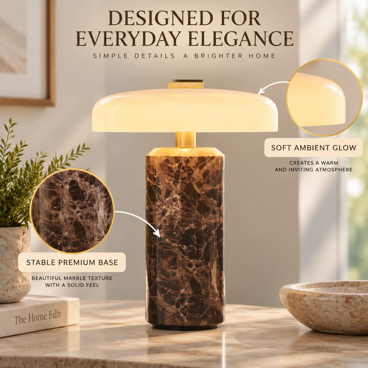 Rechargeable Marble Glass Table Lamp LED Desk Light Modern Home Decor Lighting For Living Room Bedroom Study