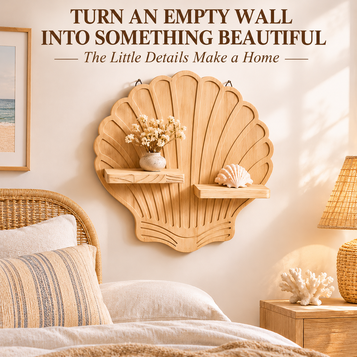 Seashell Wooden Wall Shelf, Coastal Nautical Decor, Wall Mounted Display Shelves for Bedroom Living Room