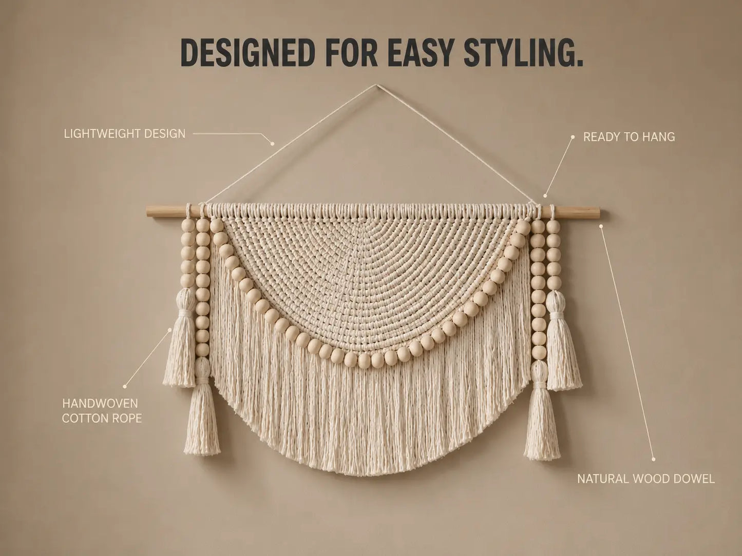 Macrame Wall Hanging Decor | Woven Wall Tapestry With Wood Beads | Boho Bedroom Living Room Office Accent Jumartins