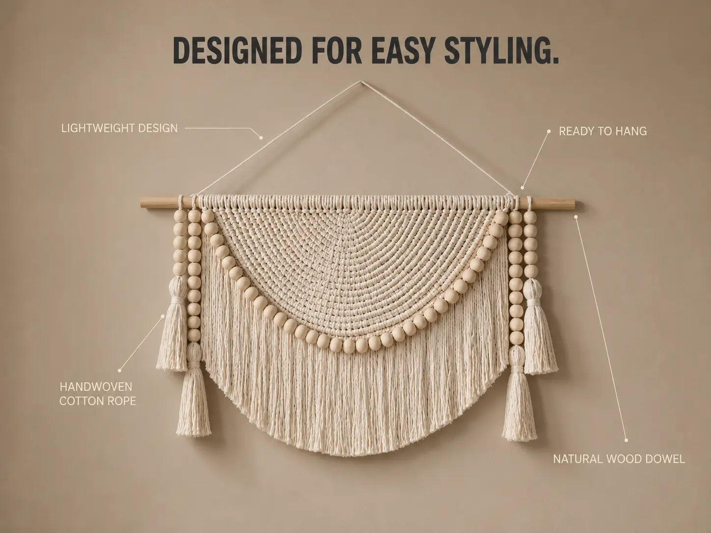Macrame Wall Hanging Decor | Woven Wall Tapestry With Wood Beads | Boho Bedroom Living Room Office Accent Jumartins