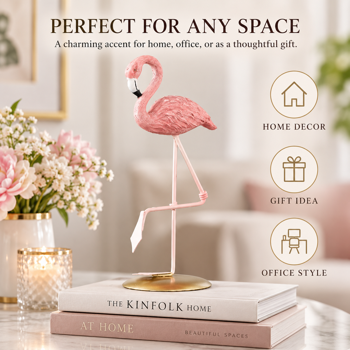 Pink Flamingo Resin Figurine Desk Ornament | Flamingo Table Decor | Living Room Desktop Accent | Cute Home Decoration