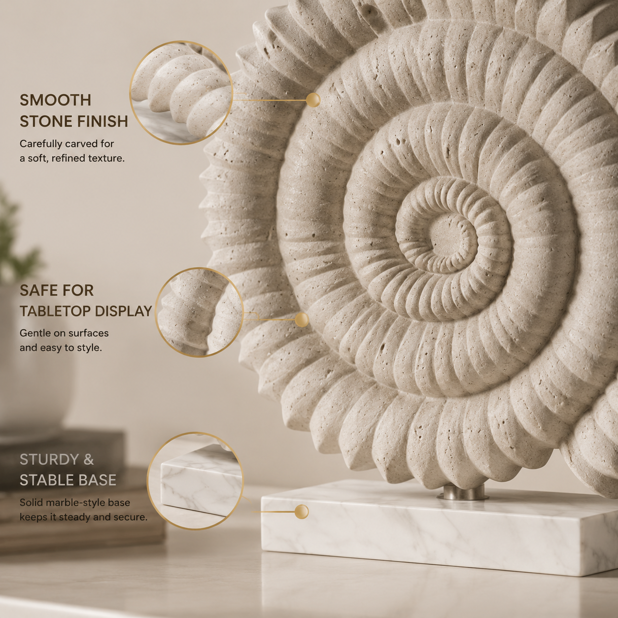 Spiral Shell Figurine Decor | Sea Shell Statue Ornament | Coastal Home Accent | Resin Shell Sculpture for Shelf Table Display