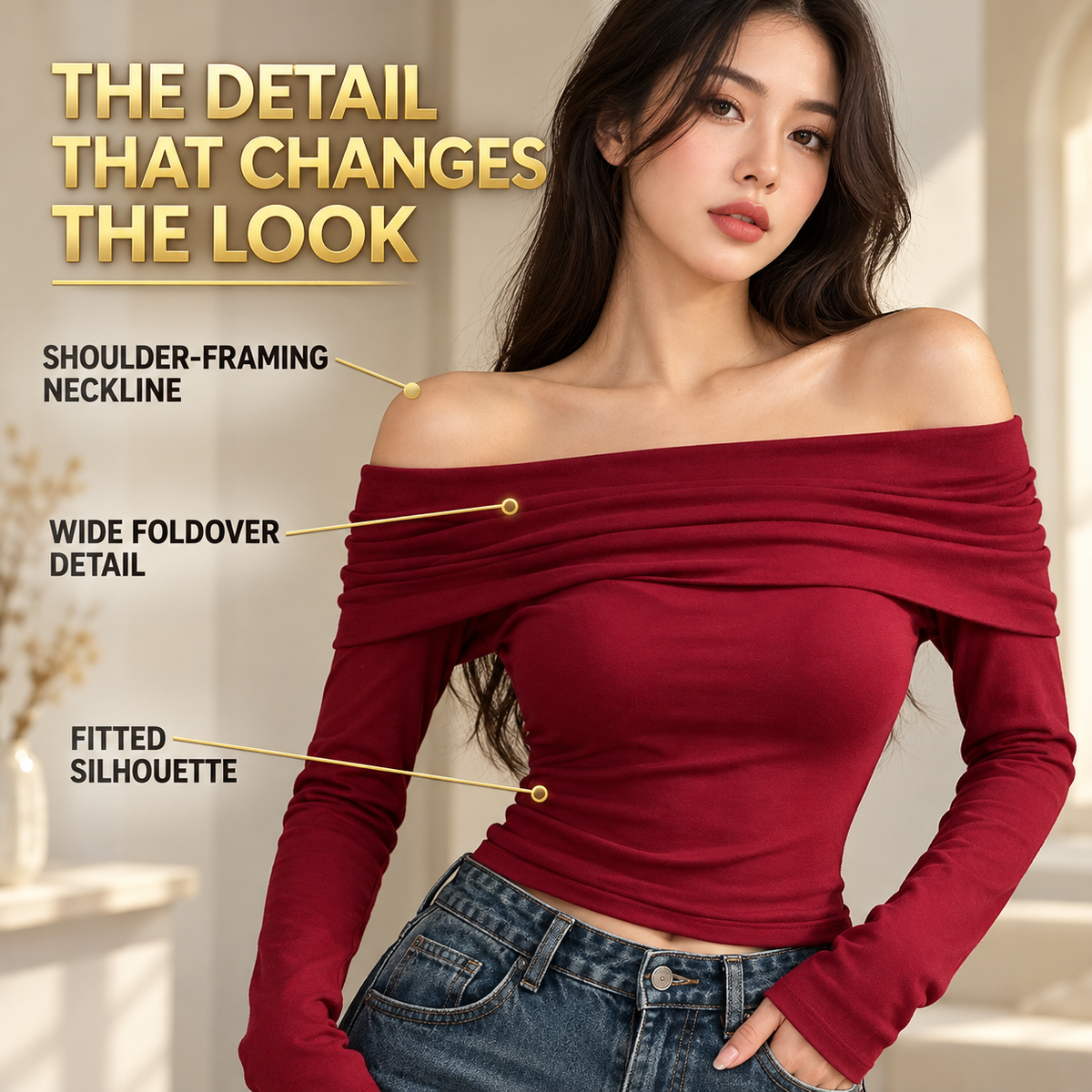 Burgundy Off SShoulder Long Sleeve Top, Foldover Neckline Fitted Women’s Shirt, Ruched Bardot Going Out Top, Date Night Blouse
