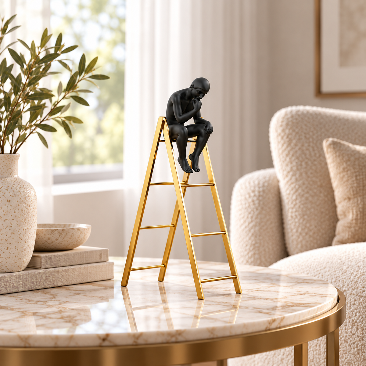 Abstract Thinker Statue on Gold Ladder | Black Seated Figure Sculpture, Modern Desk Ornament, Minimalist Home Office Decor, Art Lover Gift