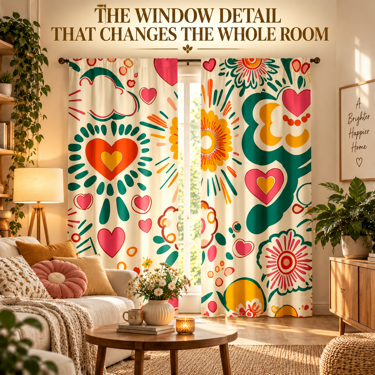 Floral Print Curtains | Heart Pattern Window Drapes | Rod Pocket Bedroom Curtains | Cozy Living Room Window Decor