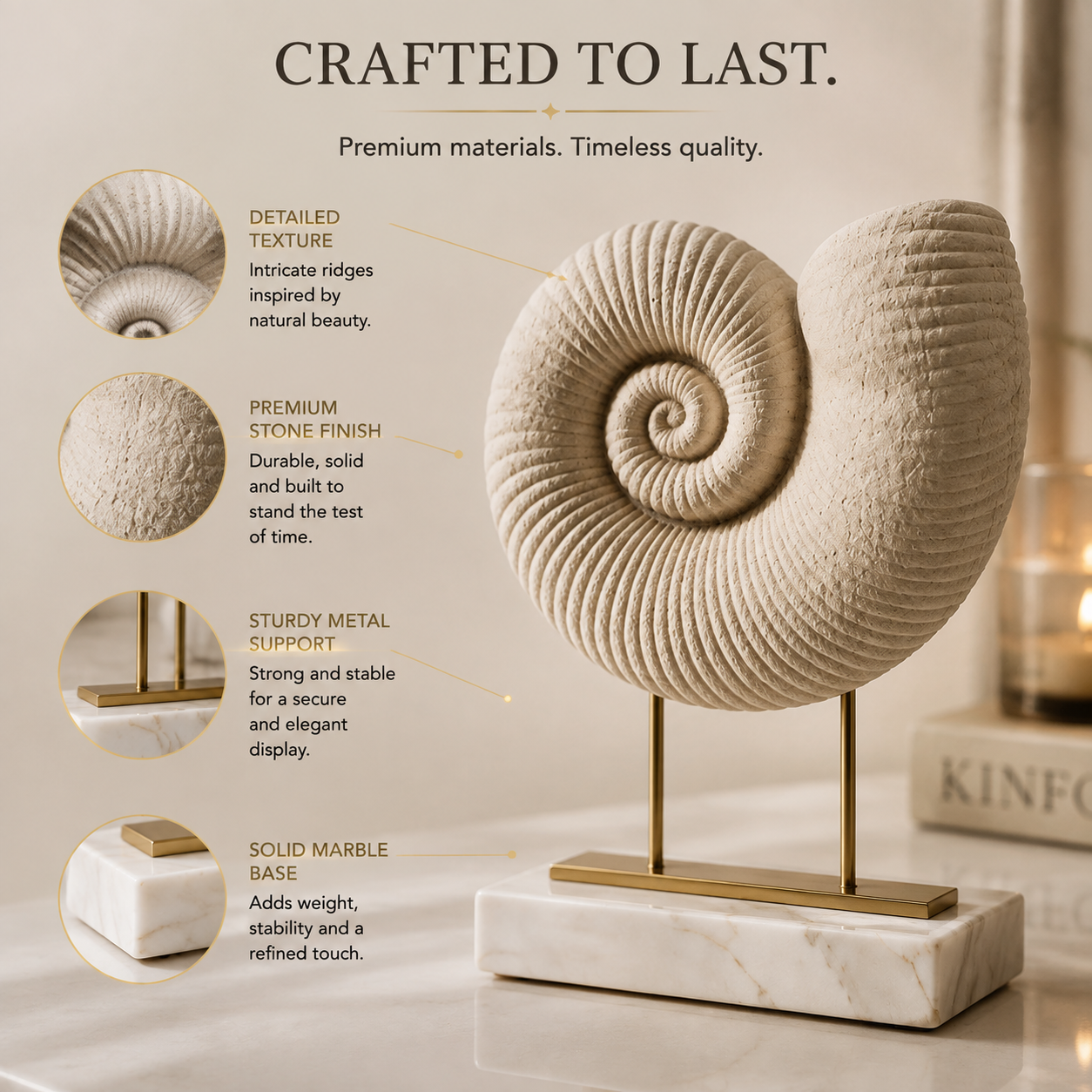 Decorative Sea Shell Figurine | Spiral Whelk Shell Statue | Coastal Home Decor Accent | Ocean Inspired Table Display Ornament