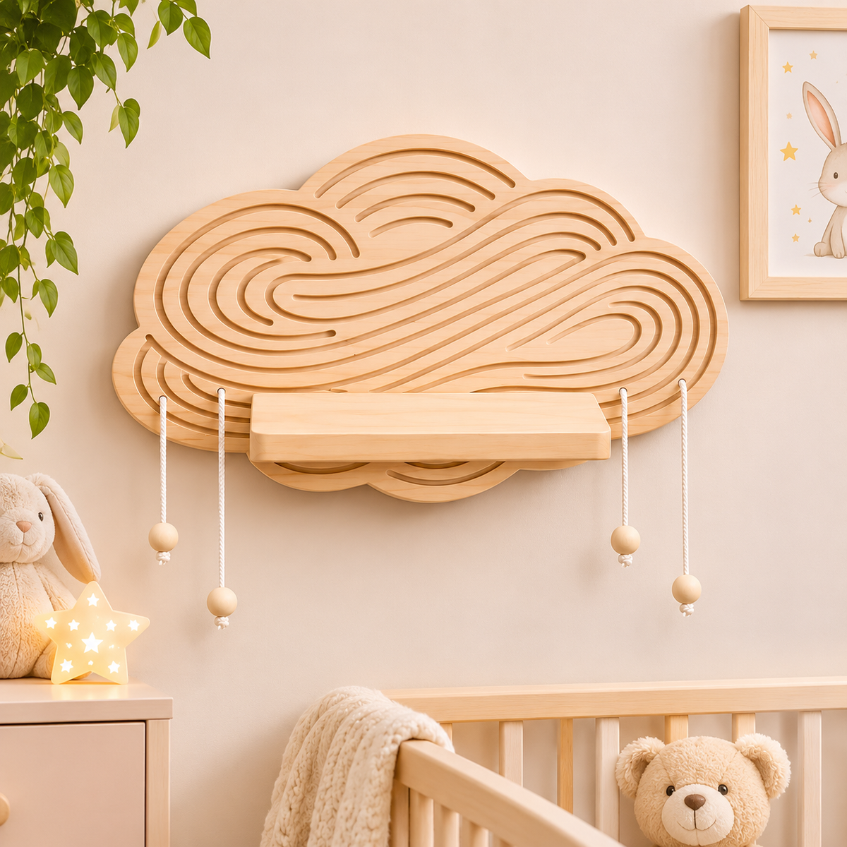 Wooden Cloud Wall Shelf with Hanging Bead Tassels, Boho Nursery Decor, Rustic Floating Shelf for Baby Room and Bedroom