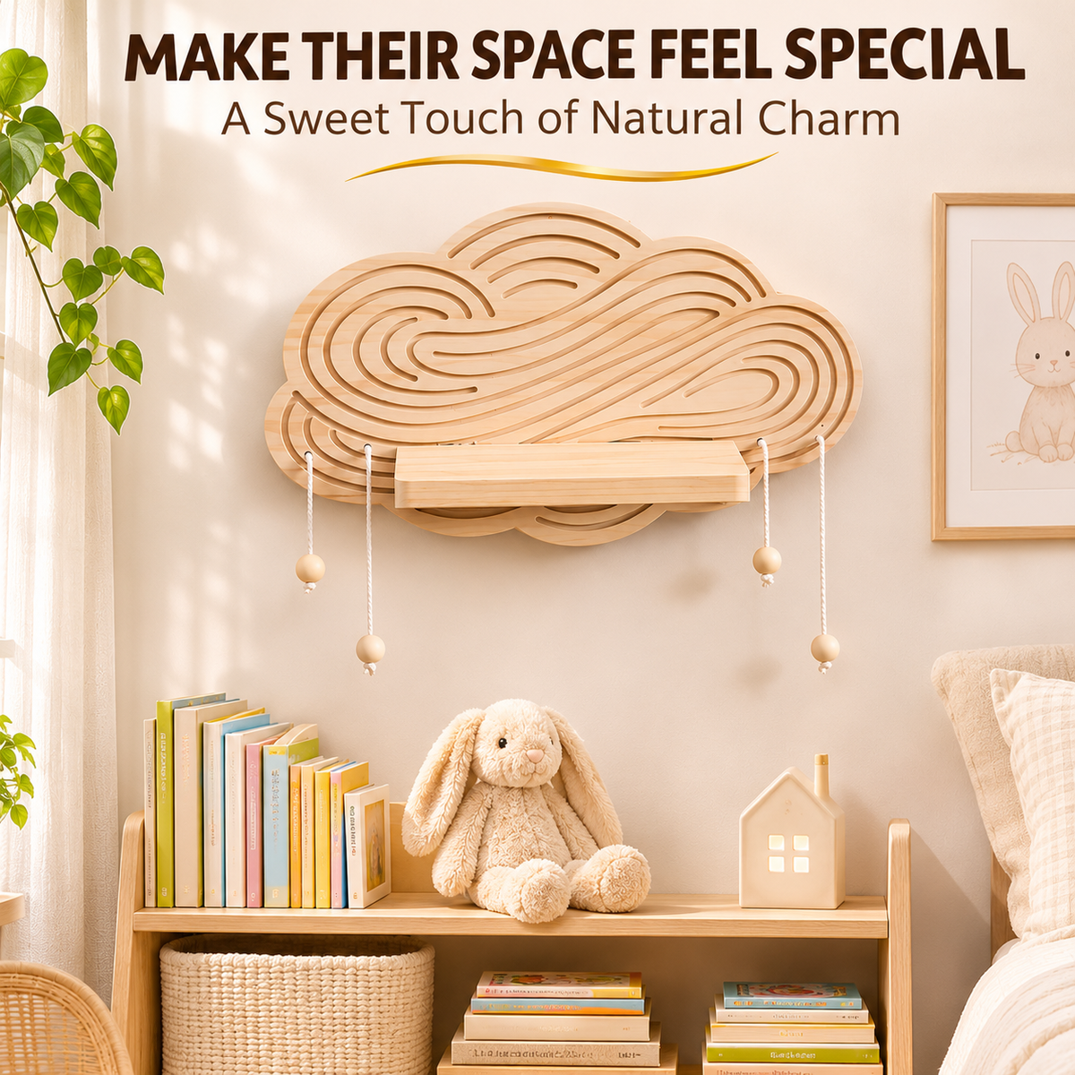 Wooden Cloud Wall Shelf with Hanging Bead Tassels, Boho Nursery Decor, Rustic Floating Shelf for Baby Room and Bedroom