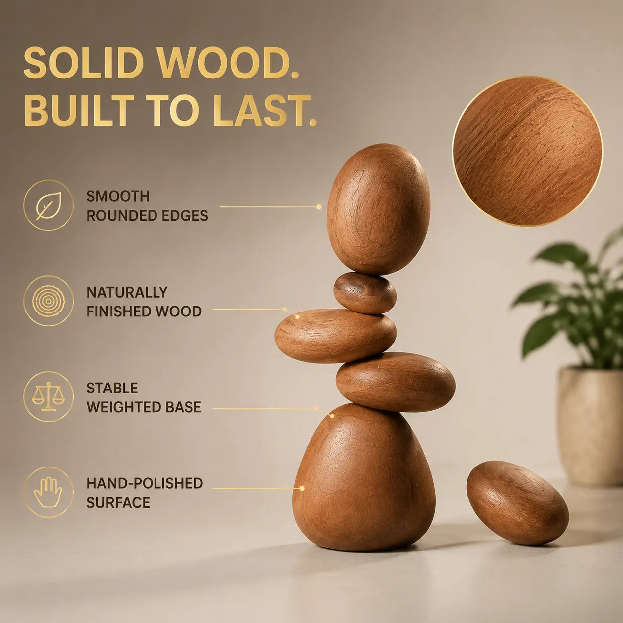 Wood Pebble Balance Sculpture | Minimalist Table Decor | Stacked Stone Art Ornament | Shelf Accent For Calm Spaces Jumartins