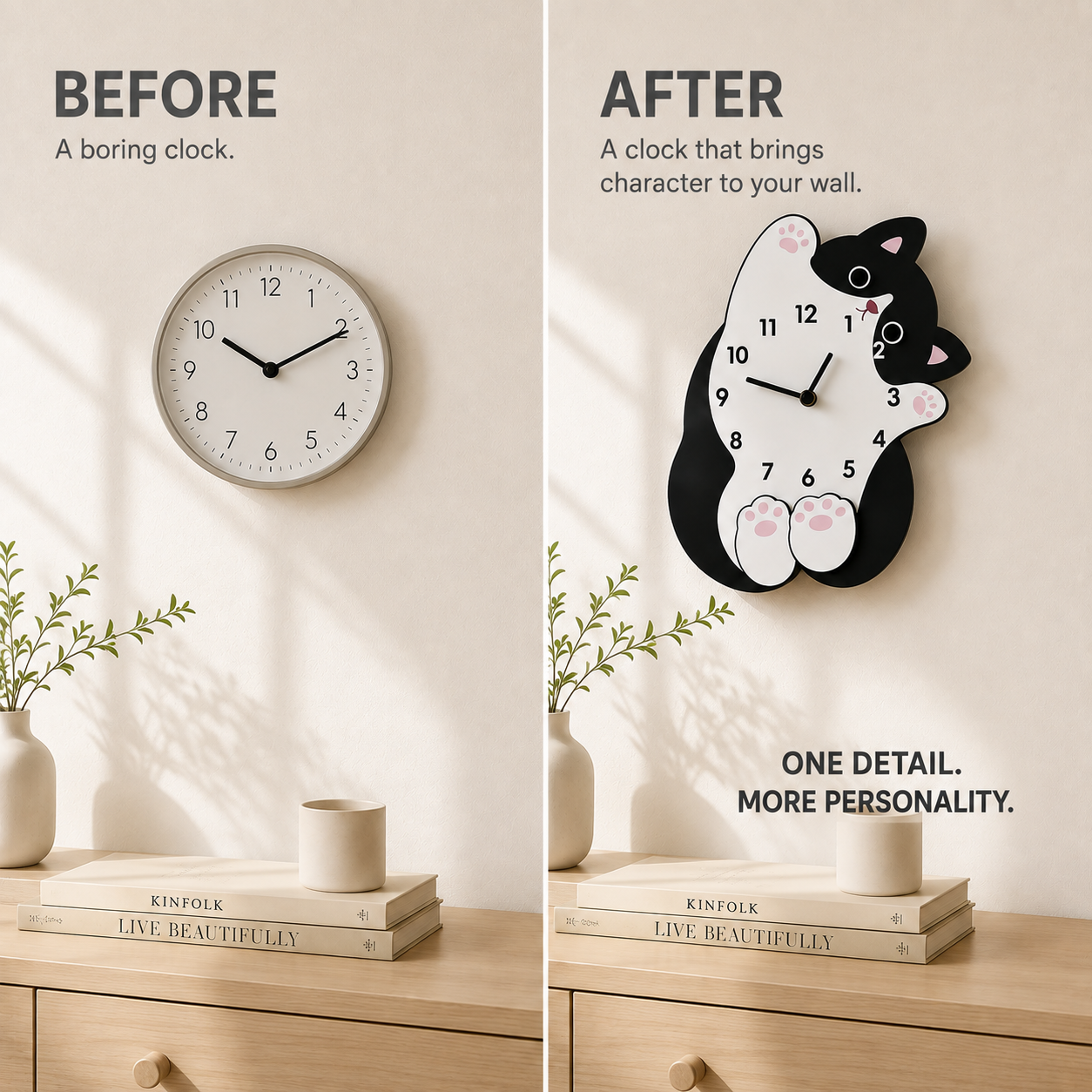 Cute Cat Tail Swaying Wall Clock | Cartoon Animal Wall Clock | Creative Hanging Home Decor | Living Room Bedroom Accent Clock