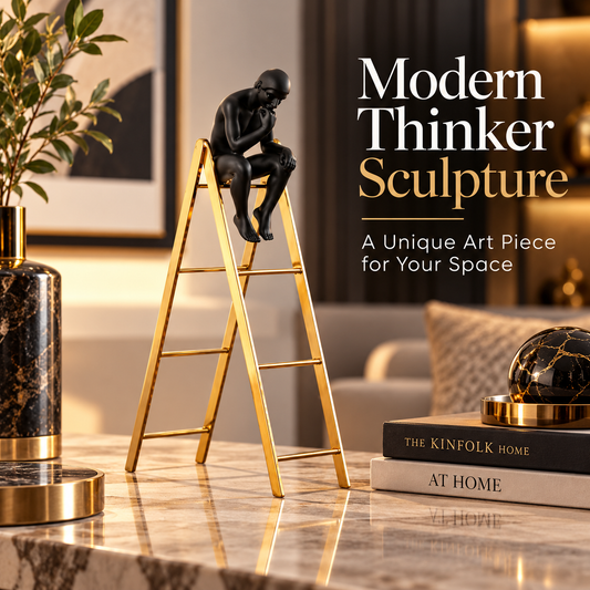 Abstract Thinker Statue on Gold Ladder | Black Seated Figure Sculpture, Modern Desk Ornament, Minimalist Home Office Decor, Art Lover Gift