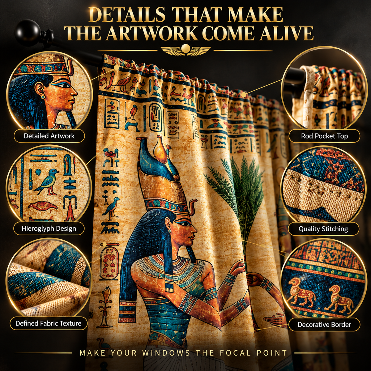 Goddess Figure Curtains Hieroglyph Art Window Drapes | Statement Bedroom Living Room Decor | Artistic Home Accent