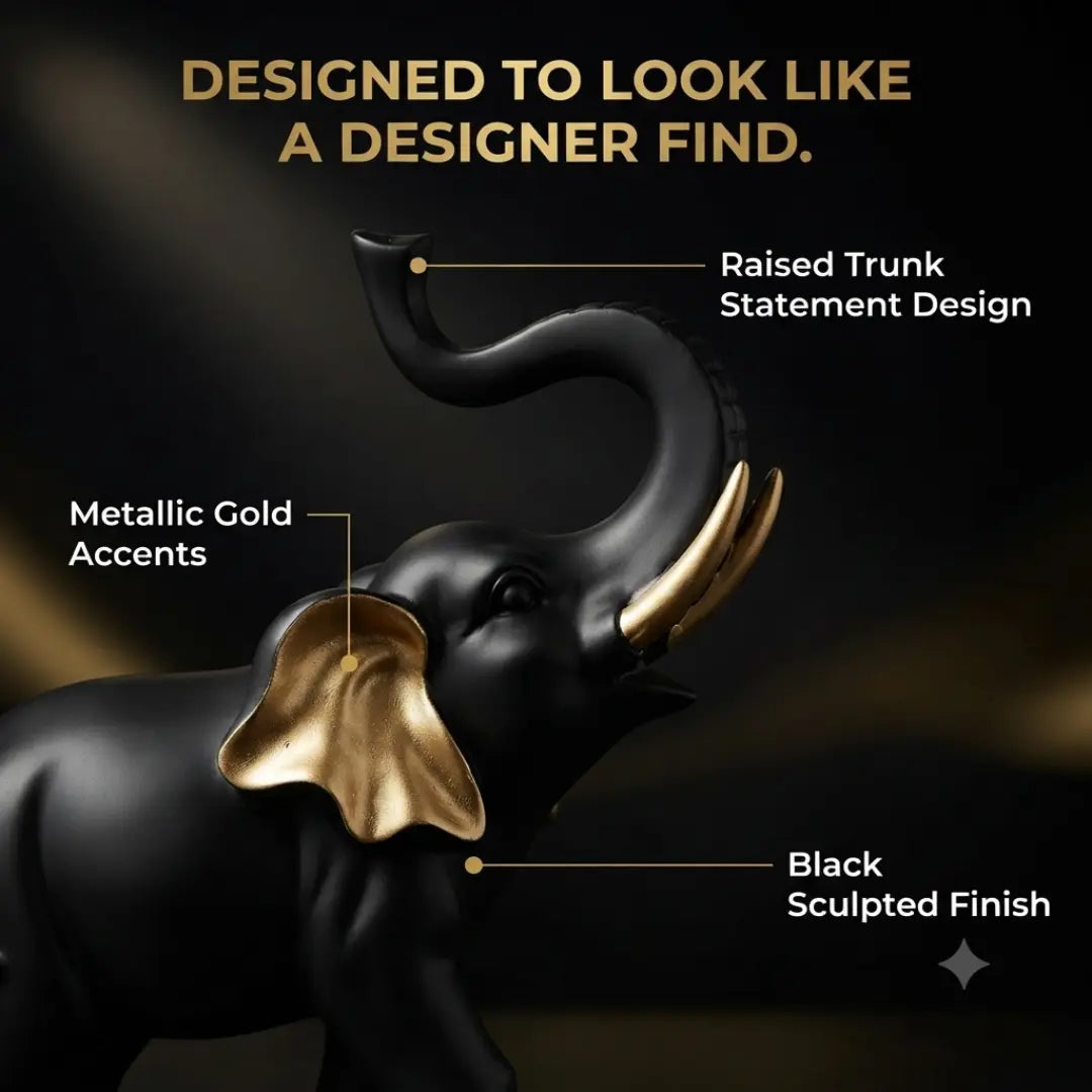 Black Gold Elephant Statue, Modern Resin Decor, Lucky Home Accent, Luxury Shelf Styling, Mantel Piece, Office Desk Decor Jumartins