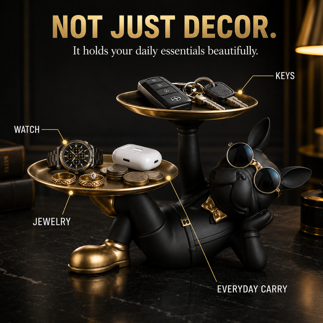Black Bulldog Statue with Tray – Key Holder, Jewelry Organizer, Luxury Entryway Decor, Office Desk Accessory, Modern Home Accent Gift