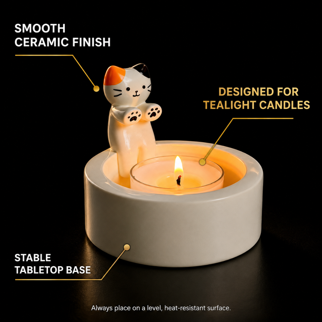 Cute Cat Candle Holder, Ceramic Kitten Decor, Tealight Holder Gift