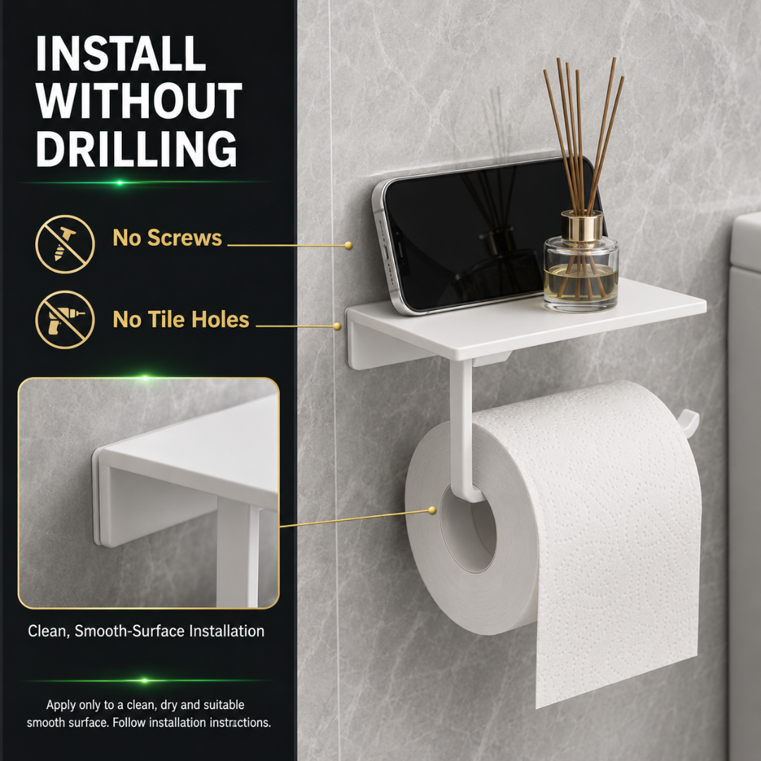 No Drill Toilet Paper Holder, Wall Mounted Shelf Organizer, Space Saving Holder
