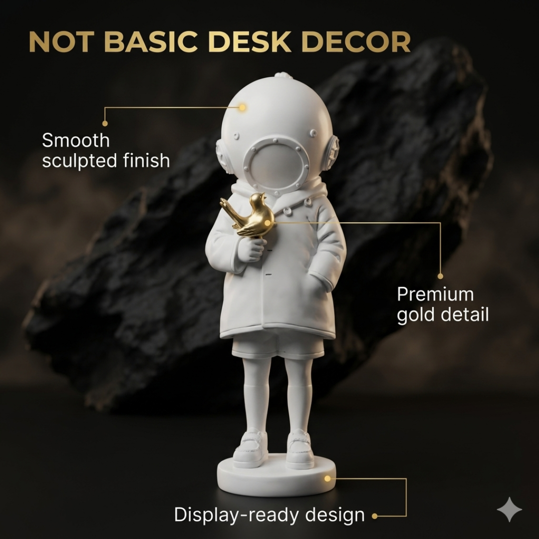 Astronaut Child Figurine with Golden Octopus Sculpture – Modern Space Art Decor