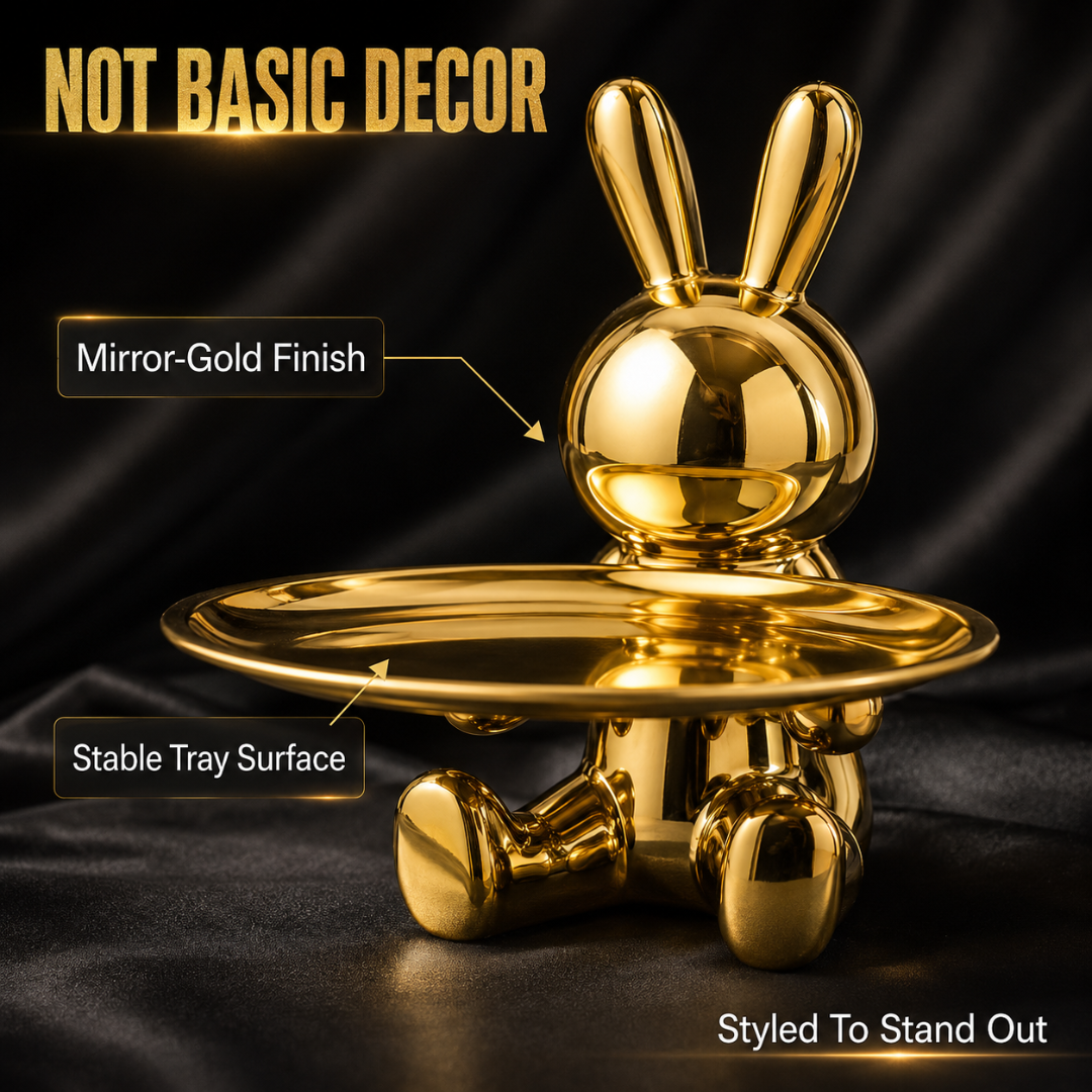 Decorative Rabbit Figurine Statue on Ornate Tray — Luxury Bunny Sculpture for Home Décor
