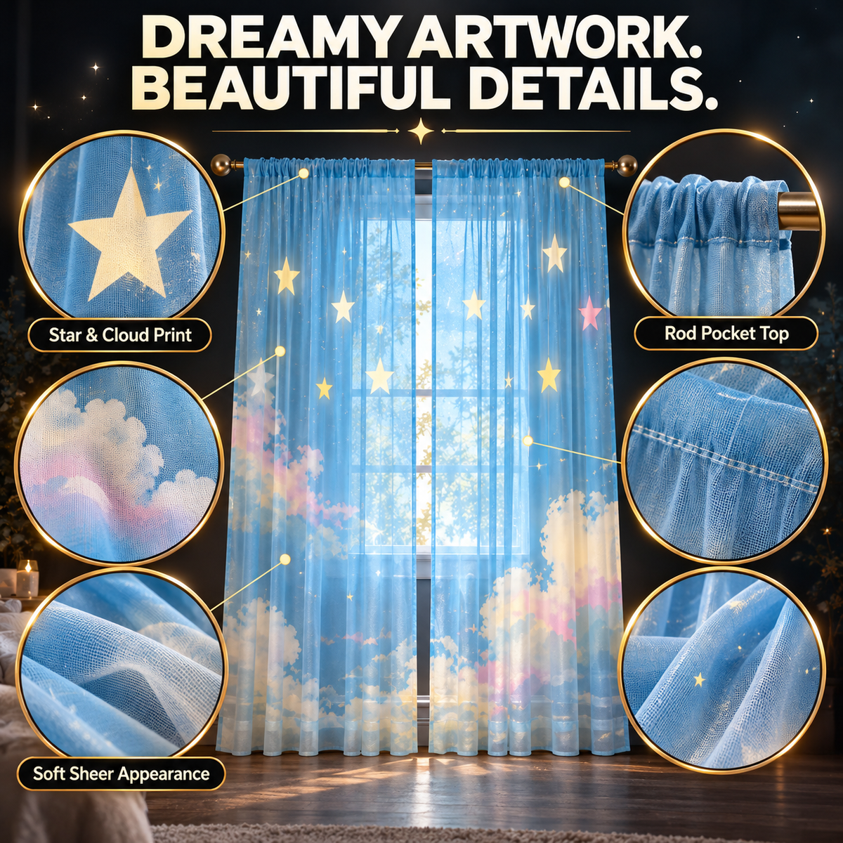 Star Cloud Sheer Curtains | Dreamy Bedroom Window Drapes | Celestial Room Decor | Rod Pocket Living Room Panels