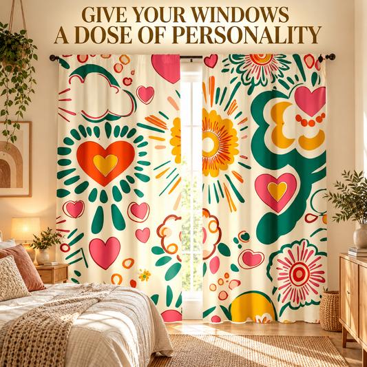 Floral Print Curtains | Heart Pattern Window Drapes | Rod Pocket Bedroom Curtains | Cozy Living Room Window Decor