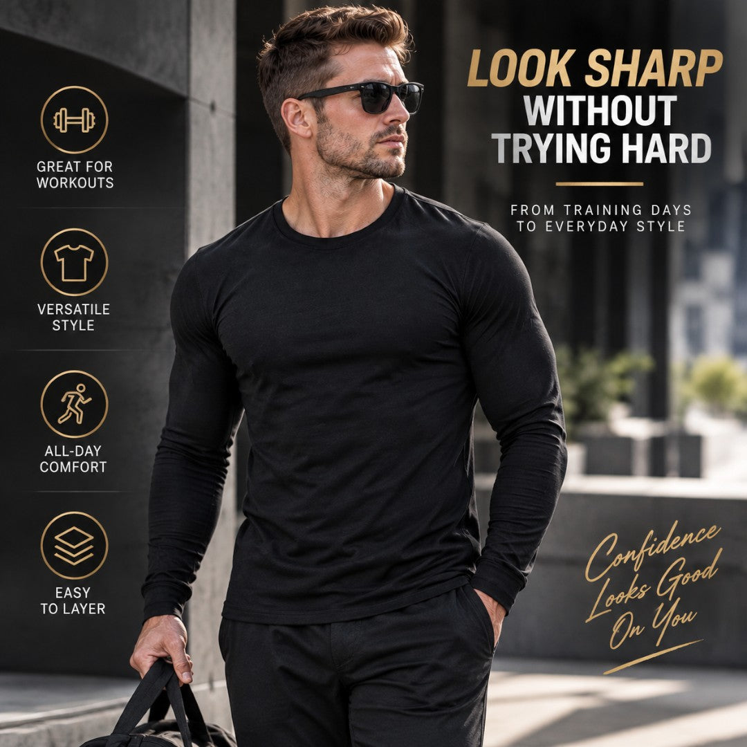 Slim Fit Mens Long Sleeve Shirt | Athletic Workout Top | Cotton Fitness Training Tee | Bodybuilding Gym Wear | Casual Sports Shirt