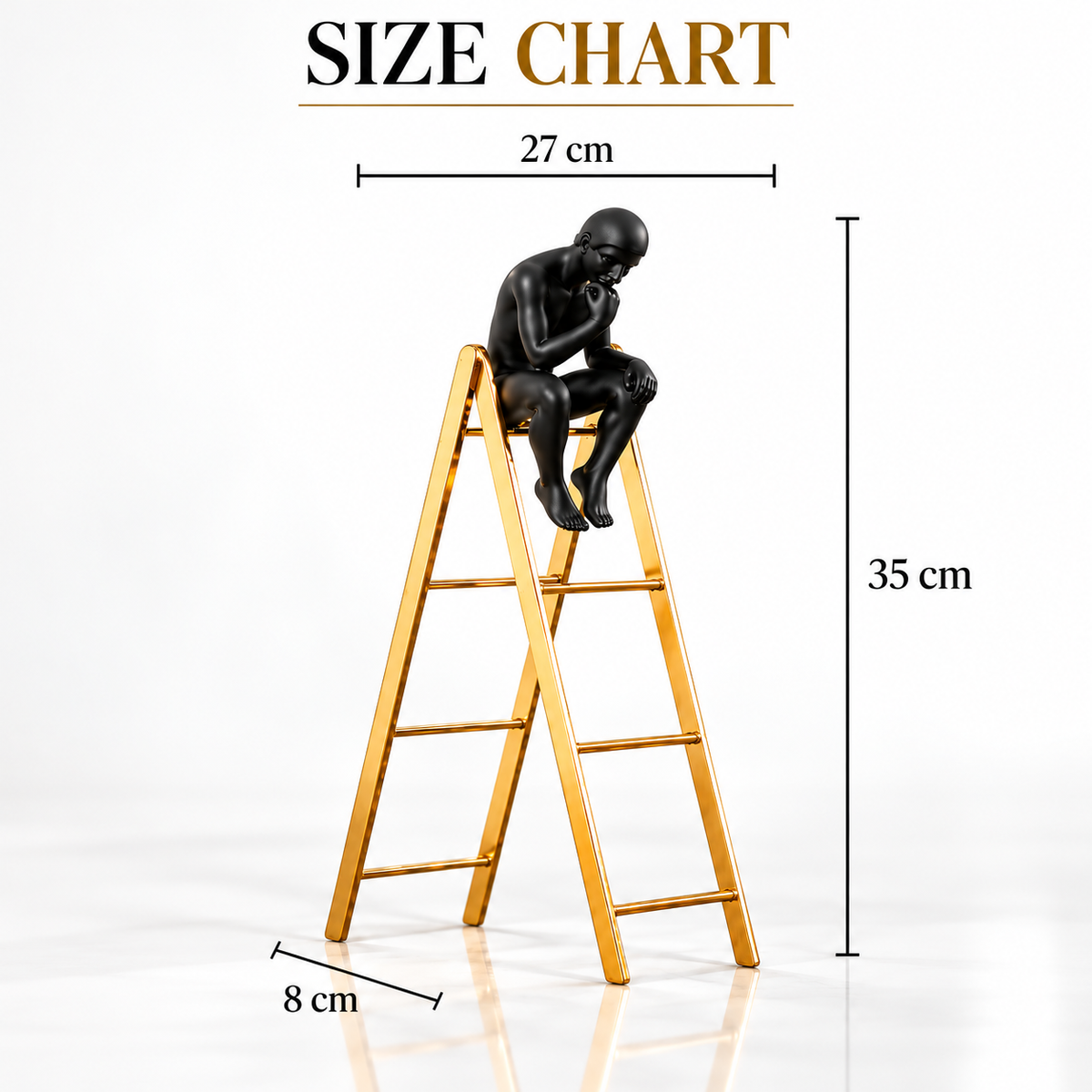 Abstract Thinker Statue on Gold Ladder | Black Seated Figure Sculpture, Modern Desk Ornament, Minimalist Home Office Decor, Art Lover Gift